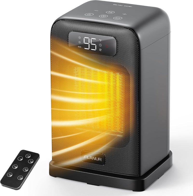 FLANUR Space Heaters for Indoor Use, 1500W Small Desk Heater 2 in 1 with Remote, Thermostat, LED Display, Overheat & Tip Over Protection, 12H Timer, 70° Oscillating Heater for Office (Black, 1Pack) - Image 1